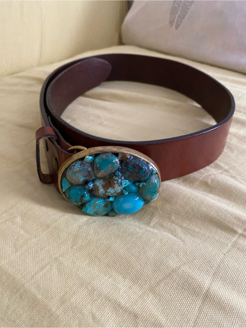 Leather Belt with Turquoise colour Stone Oval Buckle - Blue